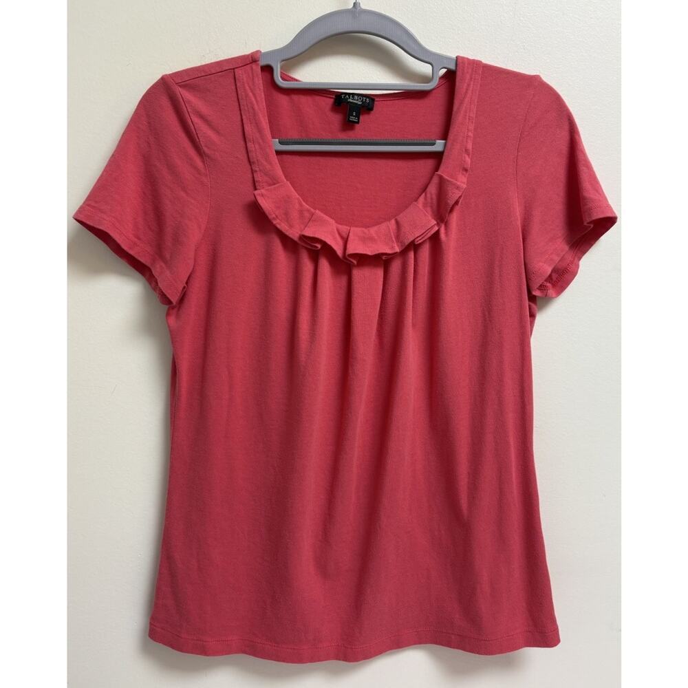 Talbots Women's Small Pink Ruffle Scoop Neck T-Shirt Pima Cotton Modal Stretch